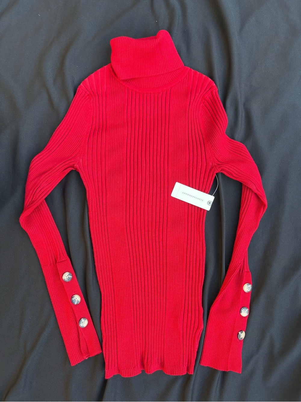 Moth by Anthropologie Red Ribbed Turtleneck Sweater with Button Cuffs